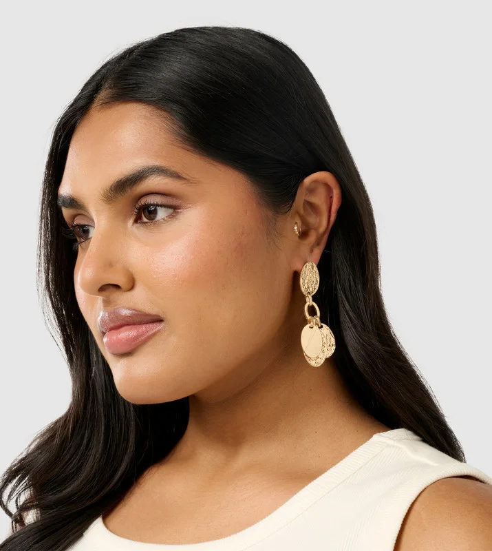 forever new  DARIELLE Signature Gold-Tone Disc Drop Earrings for Women | Best Price UAE